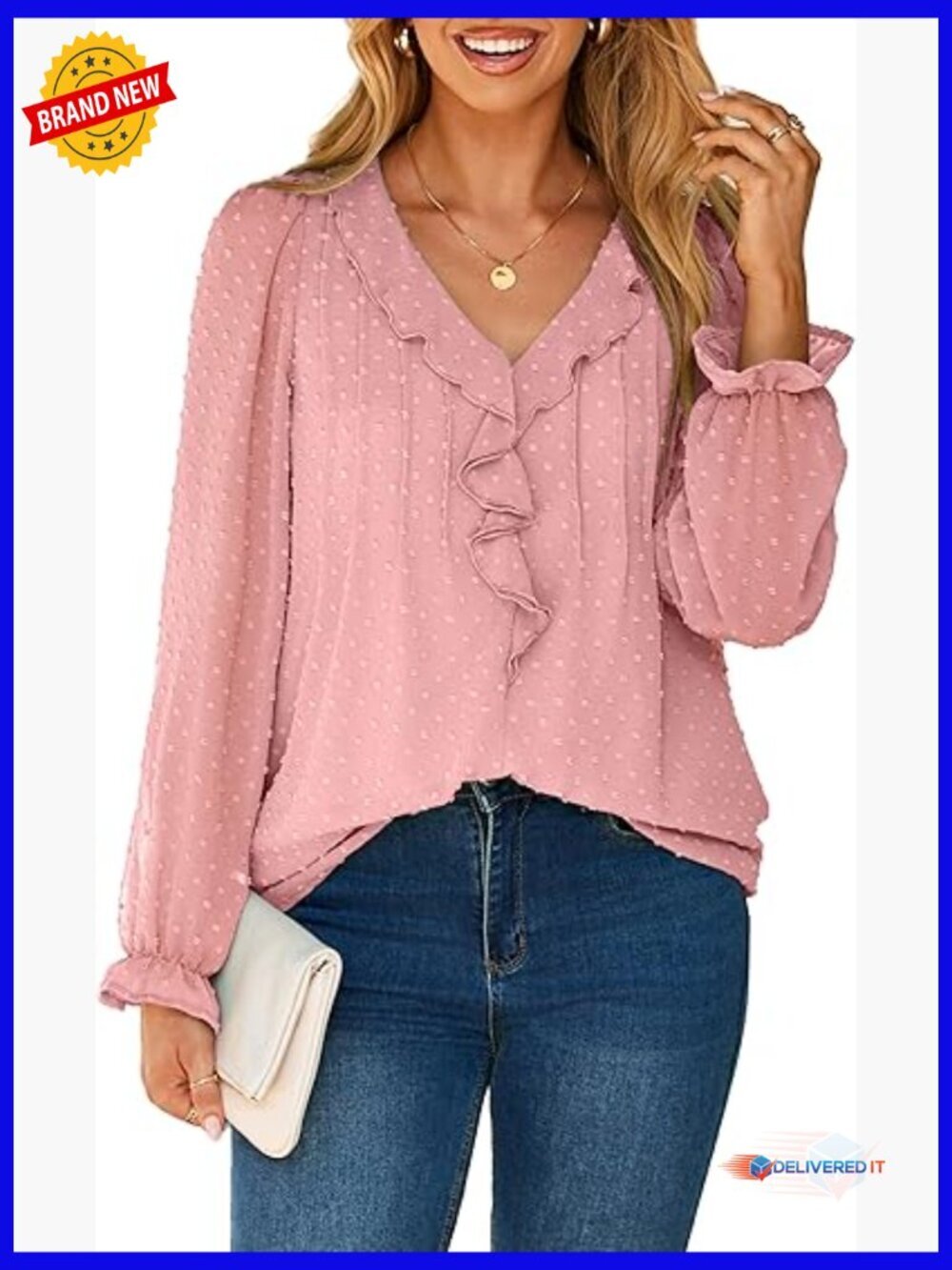Womens V-Neck Ruffle Blouse Long Sleeve Dressy Casual Business Chiffon Shirt
